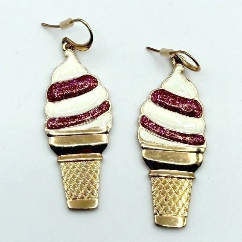Vintage 90s SUGARFIX Enamel Ice Cream Cone Dangle Earrings‎ Fashion Jewelry Y2K